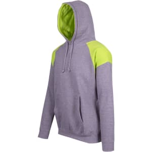 A grey hoodie featuring lime green contrast panels, with a front pocket and drawstring hood, and a logo on it.