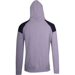 A grey hoodie featuring contrast black shoulder panels and a hood. It has a branded logo.