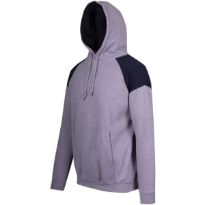 A grey hoodie with navy shoulder contrast panels and a front pocket. Features a drawstring hood and a logo.