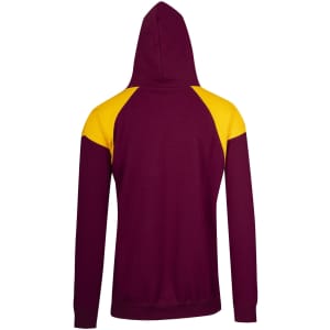 A maroon hoodie with yellow contrast panels on the shoulders, featuring a hood and a logo.