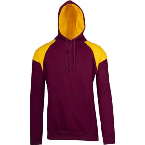 A maroon hoodie with yellow contrast panels, featuring a hood and a front pocket. It has a logo on it.
