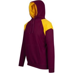 A maroon hoodie featuring contrast yellow shoulder panels and a front pocket, complete with a hood.