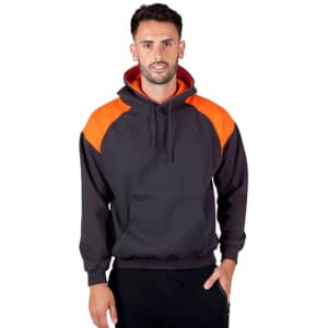 A men's hoodie in dark grey with vibrant orange contrast panels and a front pocket, featuring a logo.