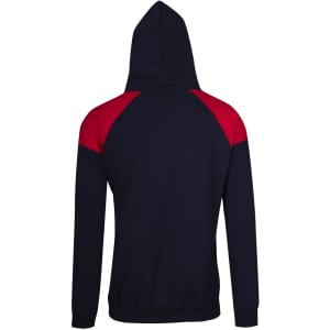 A navy hoodie with a red shoulder contrast panel and a hood, featuring a logo on the back.