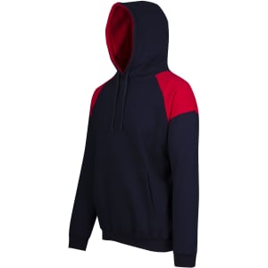 A navy and red men's hoodie featuring contrast panel detailing and a front pocket. It includes a hood and has a logo.