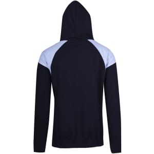A navy hoodie featuring light blue contrast panels on the shoulders and a hood. Includes a logo.