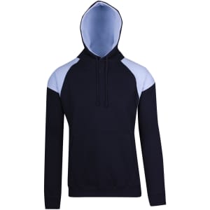 A men's hooded jumper in black with light blue contrast panels, featuring a front pocket and a logo.