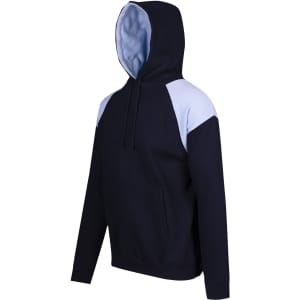 A navy and light blue men's hoodie with a contrast panel design and a front pocket. Features a hood and has a logo.
