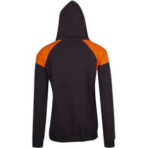 A black hoodie featuring orange contrast panels on the shoulders and a hood. It has a simple design with no visible logos.