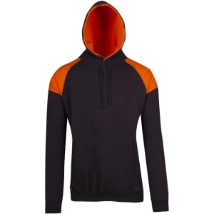 A black hoodie with orange contrast panels on the shoulders and a lined hood, featuring a front pocket and drawstrings.