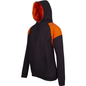 A black hoodie with orange contrast panels, featuring a front pocket and a drawstring hood. Includes a logo.