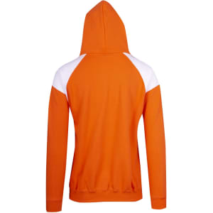 An orange hoodie featuring contrasting white panel details, with a hood and a ribbed hem. It has a logo on it.
