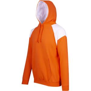 An orange hoodie with white contrast panels and a front pocket, featuring a hood and drawstrings.