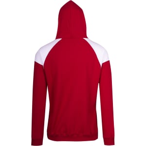 A red hoodie with white contrast panels, featuring a hood and a logo on the rear.