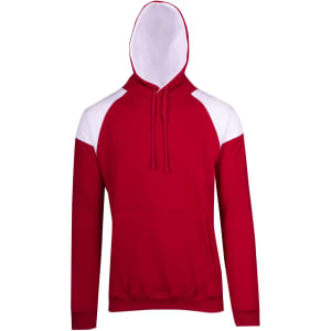 A red hoodie with white contrast panels, featuring a hood and front pocket, has a logo on it.