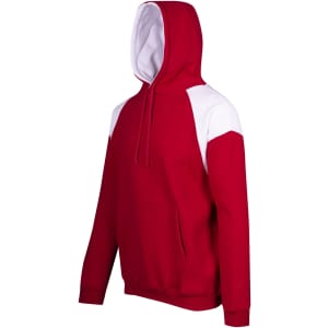 A red hoodie featuring white contrast panels on the shoulders, complete with a front pocket and a hood.