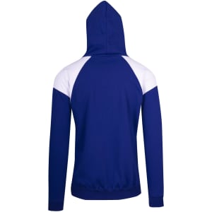 A blue hoodie with contrasting white panels on the shoulders and back, featuring a hood and fitted waistband.