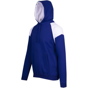 A blue and white men's hoodie featuring contrast panel design and a front pocket. Includes a hood and branding logo.