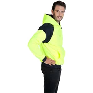 A bright yellow hoodie with black contrast panels, featuring a hood and a front pouch pocket. It has a logo.