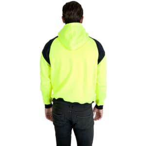 A men’s shoulder contrast hoodie in high visibility yellow with black panels on the shoulders, featuring a hood.