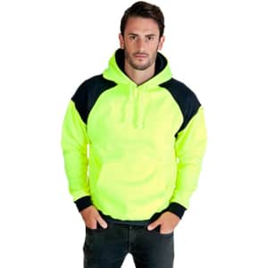 A bright yellow hoodie with black contrast panels and a hood, featuring a logo. Suitable for workwear.