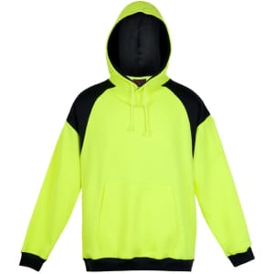 A bright yellow hoodie with black contrast panels and a front pocket, featuring a hood and a logo.