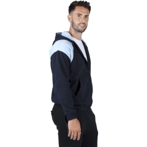 A navy blue hoodie with light blue contrast panels, featuring a front zip and a hood. It has a branding logo.