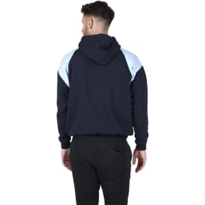A navy and light blue men's shoulder contrast zip hoodie with a front pocket, featuring a logo.