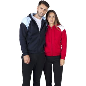 A men's zip hoodie featuring contrast colours, with a navy base and light blue hood, alongside a red hoodie with a white accent.