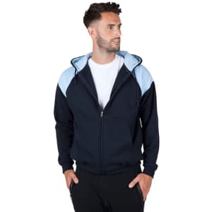 A navy blue hoodie with light blue shoulder contrast, featuring a zipper and a hood. It includes a logo.