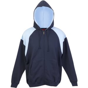 A navy blue hoodie with light blue contrast panels and a front zip, featuring a hood and two pockets.