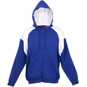 A blue zip hoodie with white contrast panels and a hood. It features a front zipper and pockets.