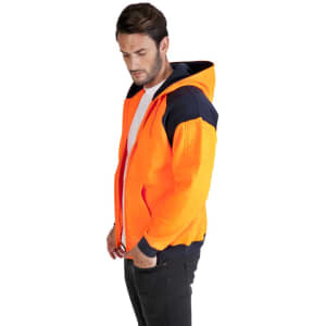 A bright orange and navy zippered hoodie with a hood, featuring contrasting colour panels and a logo.