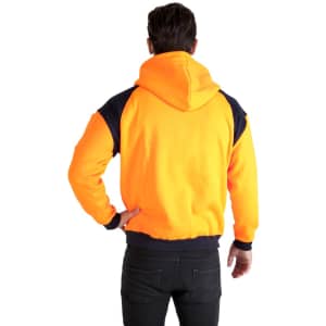 A bright orange hoodie with navy blue contrast panels and a hood, featuring a logo on the front.