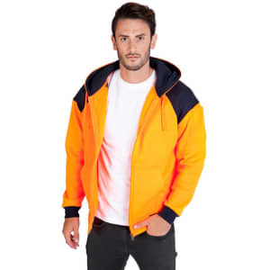 A vibrant orange and navy zippered hoodie with a hood, featuring a logo, modelled by a man.