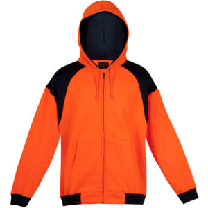 A zippered hoodie featuring contrasting orange and black colours, designed for workwear usage. It has a hood and pockets.