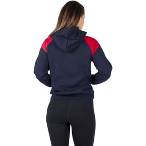 A navy and red women's hoodie featuring a shoulder contrast panel and a front pocket, alongside a hood.