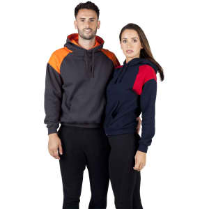 A navy hoodie with red contrast panels on the shoulders, featuring a hood and a branded logo.