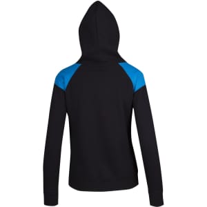 A black hoodie with blue contrast panels on the shoulders and a hood. It features long sleeves and a relaxed fit.