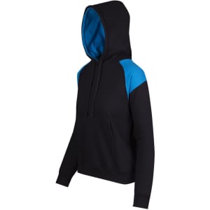 A black hoodie with blue contrast panel details and a front pocket features a drawstring hood. It includes a logo.