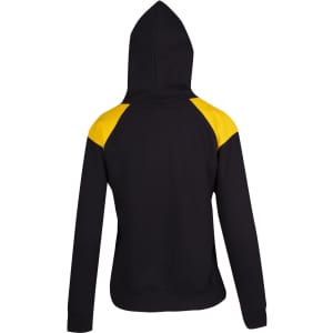 A hooded women's juniors hoodie featuring black fabric with yellow contrast panels on the shoulders and a logo.