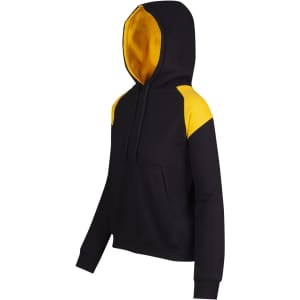 A black hoodie with yellow shoulder contrast panels and a hood, featuring a front pocket and a logo.