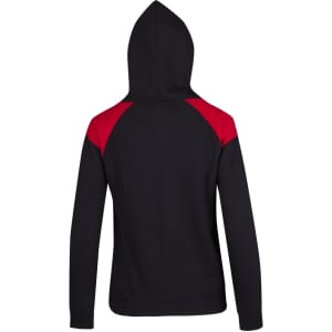 A black hoodie with red shoulder contrast panels and a hood, featuring a branding logo.
