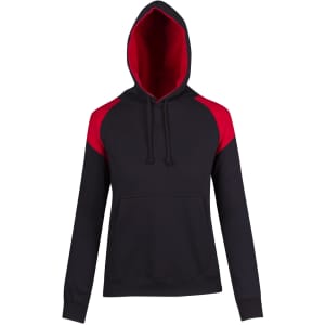 A hooded jumper featuring a black body with contrasting red panels on the shoulders. Includes a front pocket and a hood.