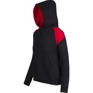 A black hoodie with red shoulder panels and a red interior, featuring a front pocket and a hood.