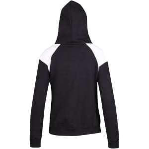 A black hoodie with white contrast panels on the shoulders, featuring a fitted design and a hood.