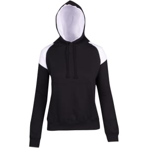 A women's juniors hooded jumper featuring black and white contrast panels, with a front pocket and drawstring.