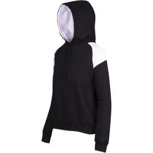 A black hoodie with contrast white panels on the shoulders, featuring a front pocket and a drawstring hood.