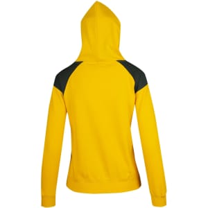 A hooded jumper in bright yellow with contrasting black panels on the shoulders and a fitted silhouette.