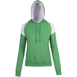 A green and white hoodie with a contrast panel design and a front pocket, featuring a hood and long sleeves.